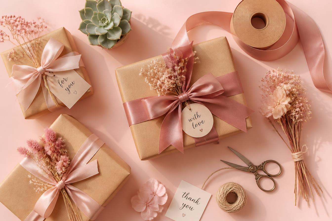 Elegantes regalos envueltos en papel kraft con cintas rosadas y flores secas